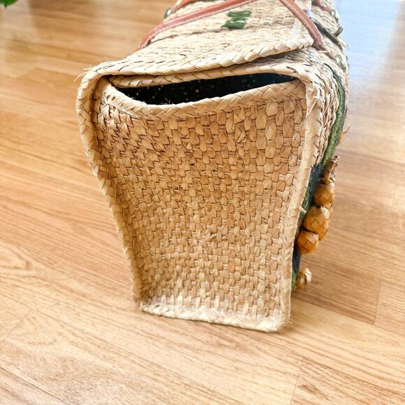 Vintage Luggage Handmade Acapulco Mexico Oversized Straw Tote Bag with Flowers - Picture 4 of 8